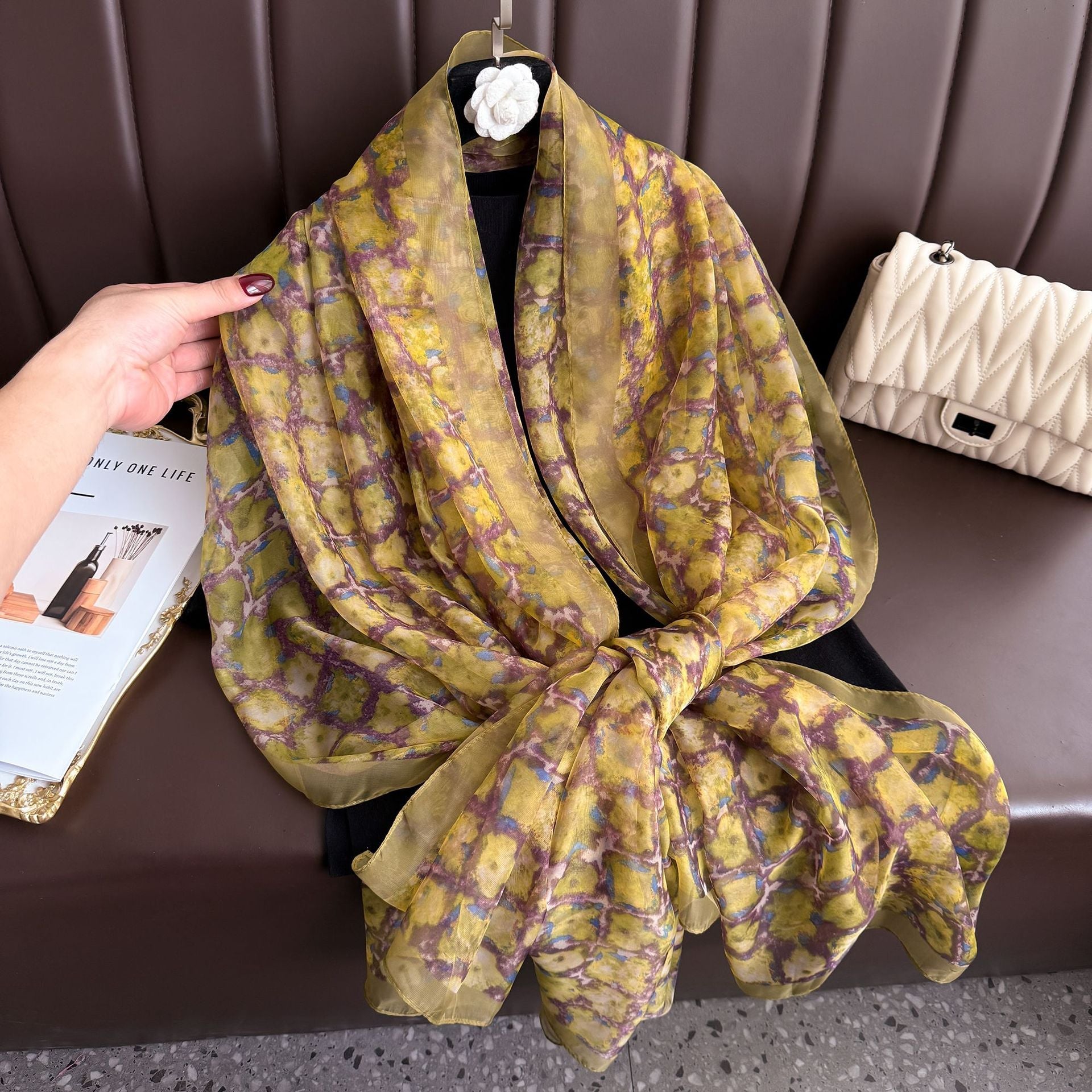 Youshou Silk Scarf Sun Protective Shawl Thin Long Style With Print