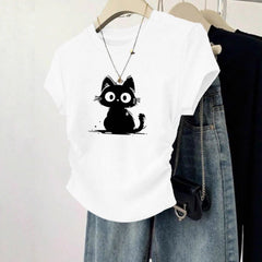 Womens Sweet-Style T-Shirt With Adorable Cartoon Cat Print