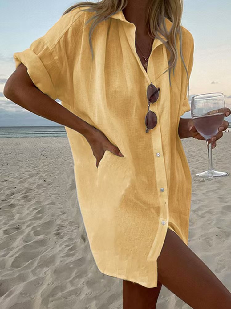 Women's Casual Loose-Fit Fashionable Cotton-Linen Solid-Color Short-Sleeve Top