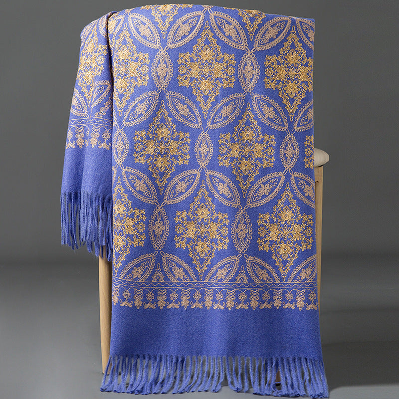 Autumn Winter Embroidered Golden Silk Lily Design In Xinjiang Cashmere