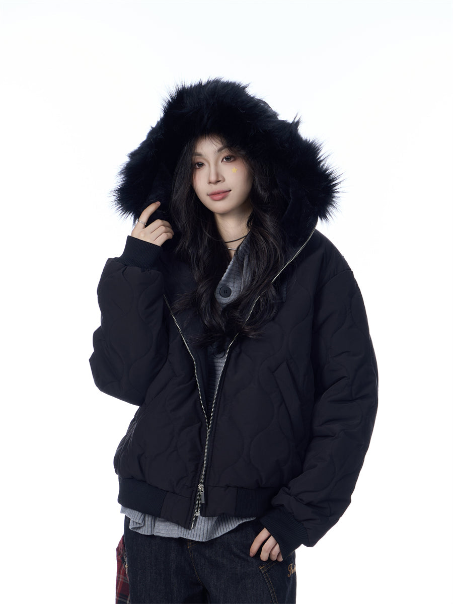 American Retro Rhombus Fur Collar Cotton Cardigan Hooded Cotton Jacket