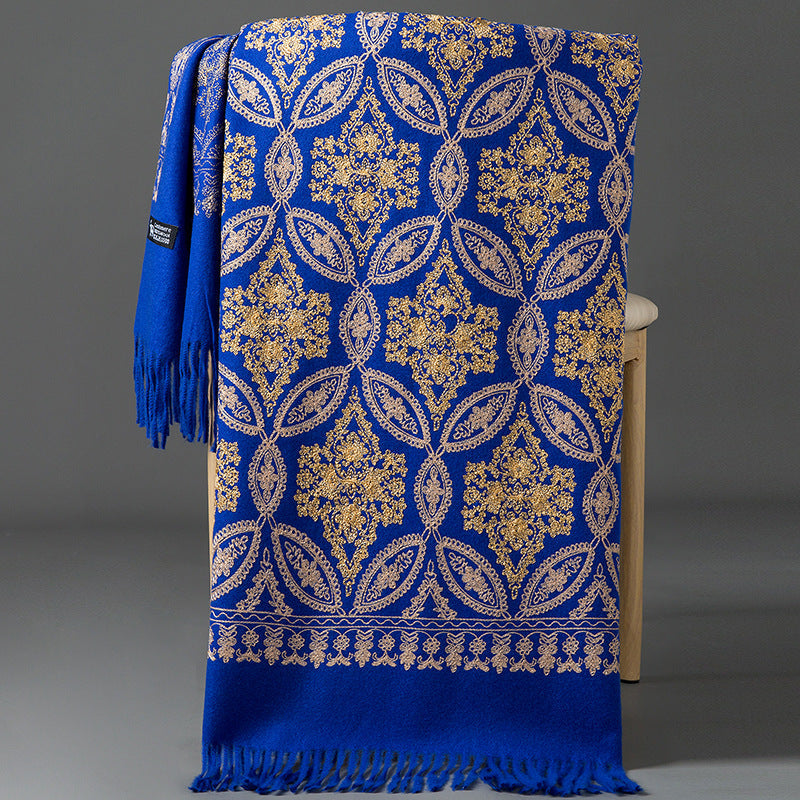 Autumn Winter Embroidered Golden Silk Lily Design In Xinjiang Cashmere