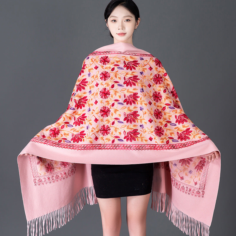 Rich Red Embroidered Winter Scarf For WomenSpringtime Blossoms All Around