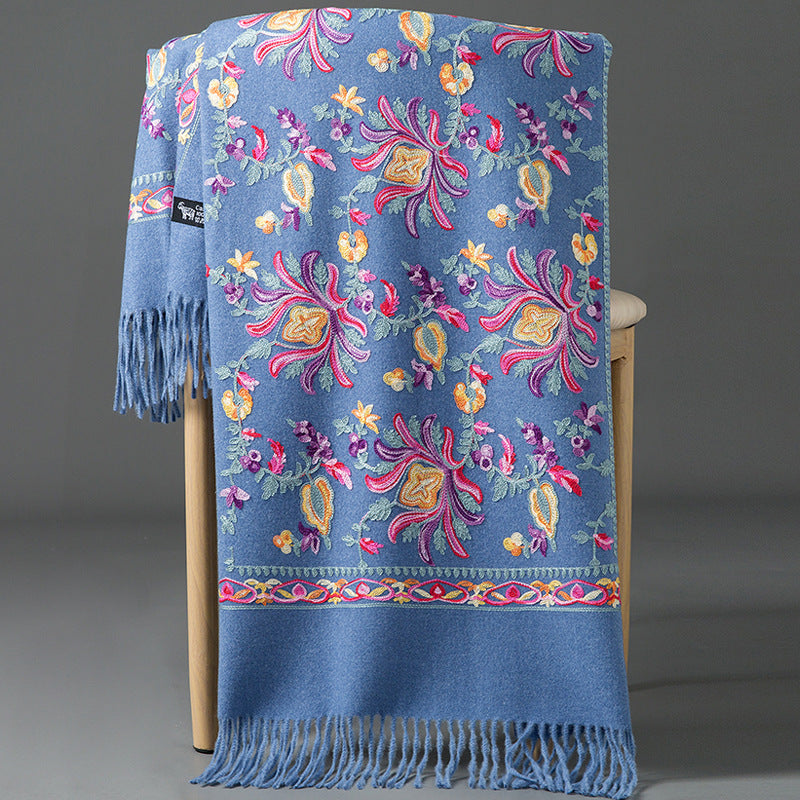 Thickened Tibetan-Nepalese Embroidered Cashmere-Style Scarf For Winter