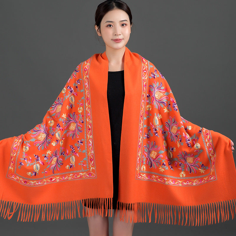 Thickened Tibetan-Nepalese Embroidered Cashmere-Style Scarf For Winter
