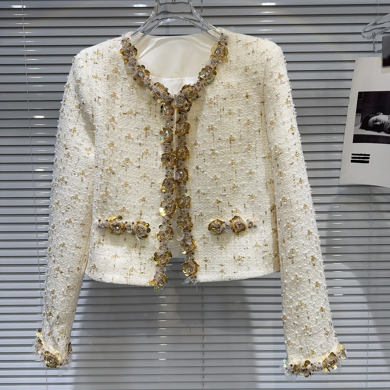 Golden Bright Piece Flower Beaded Edge Tweed Light Luxury Short Coat Top