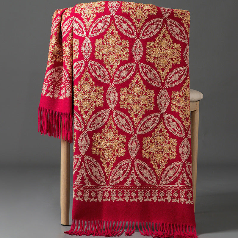 Autumn Winter Embroidered Golden Silk Lily Design In Xinjiang Cashmere