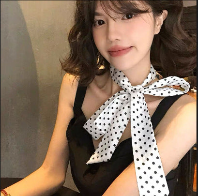 Korean-style Black And White Polka-Dot Silk Scarf For Women