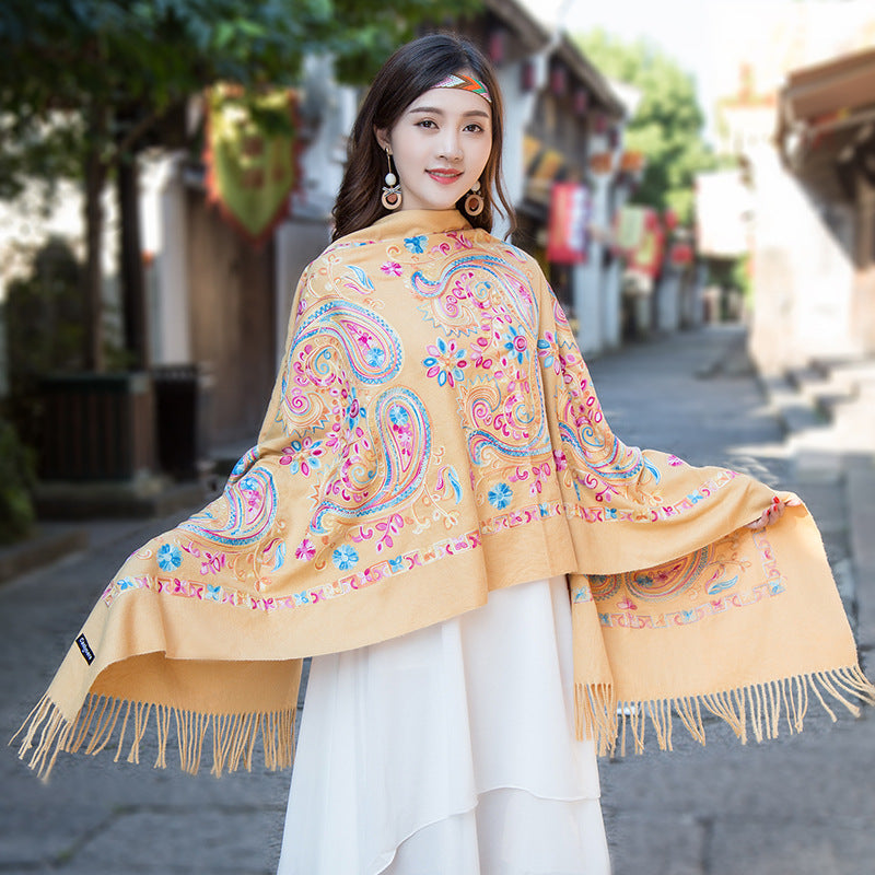 Embroidered Ethnic-Style Great Wall Cashew-Pattern Embroidery Cashmere Scarf