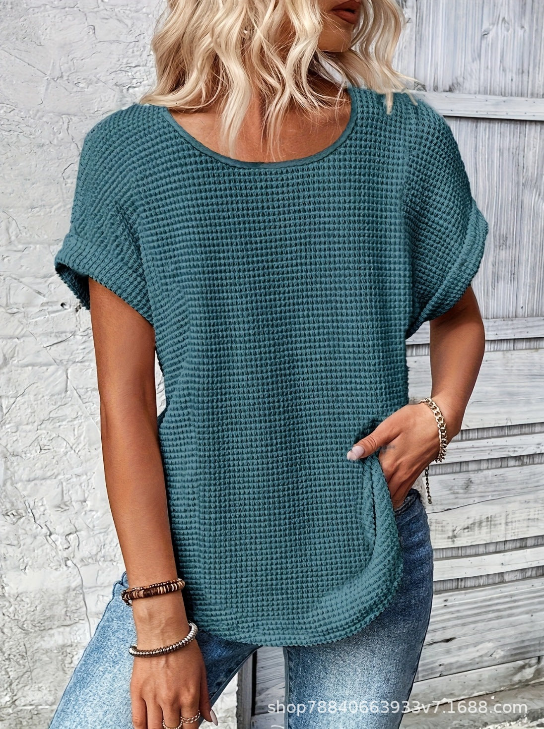 Womens Simple Versatile Lace-Patchwork Crew-Neck Short-Sleeve Top