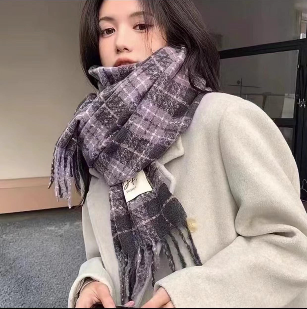 Rainbow-grid Womens Mohair Thermal Snood Long Style